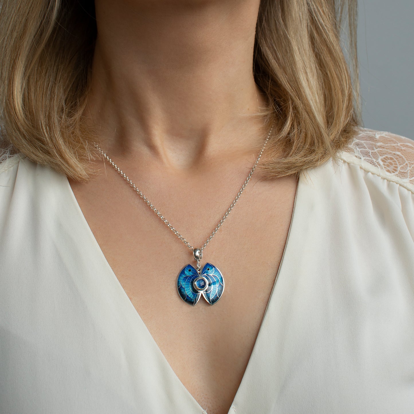 Morpho Butterfly Pendant, Cloisonne Enamel Necklace With Kyanite