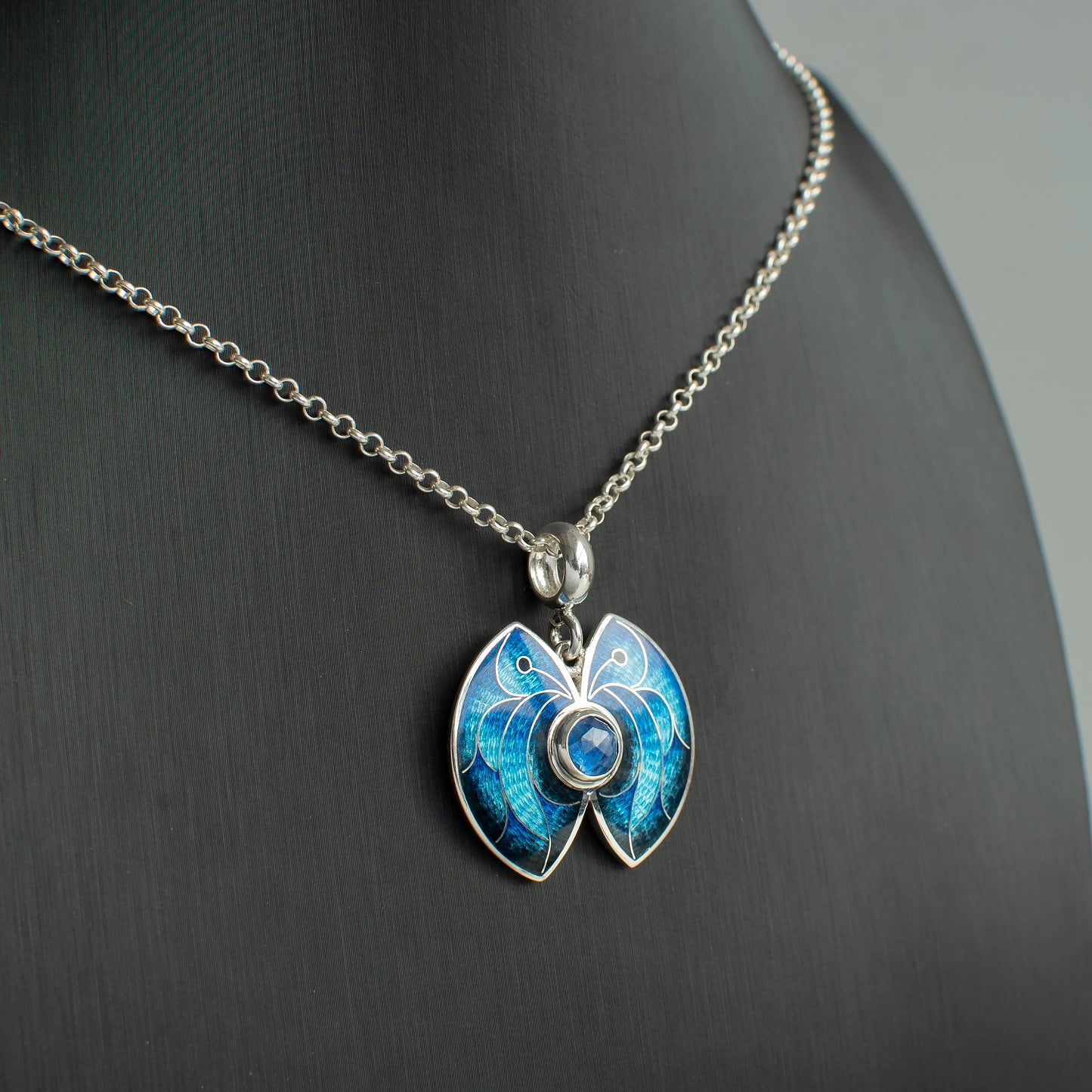 Morpho Butterfly Pendant, Cloisonne Enamel Necklace With Kyanite