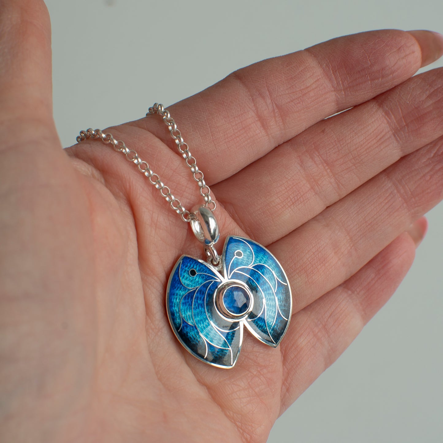 Morpho Butterfly Pendant, Cloisonne Enamel Necklace With Kyanite