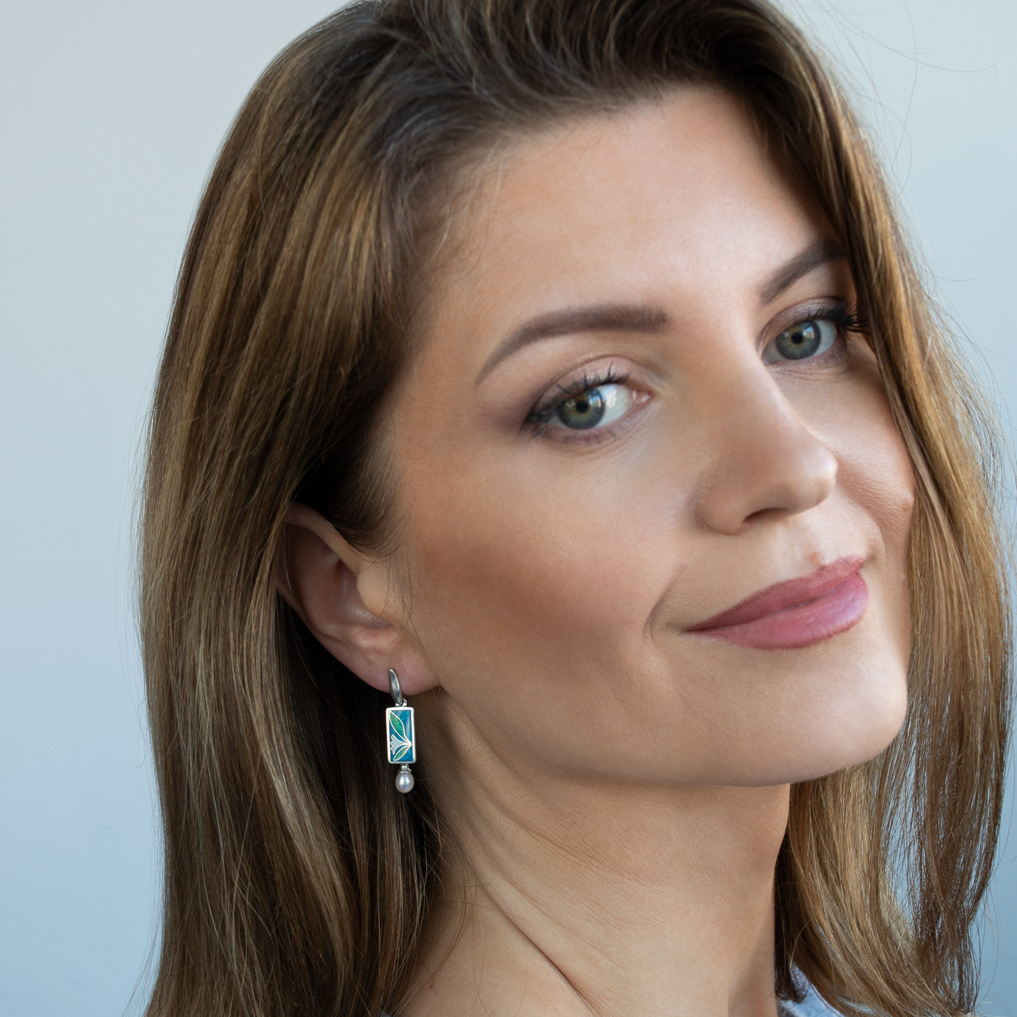 Blue Green Cloisonné Enamel Earrings With White Pearls