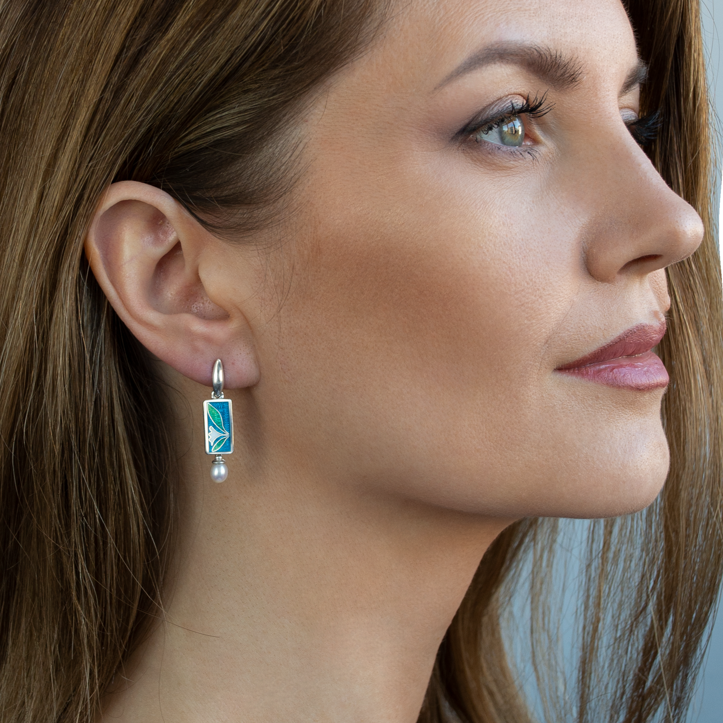 Blue Green Cloisonné Enamel Earrings With White Pearls