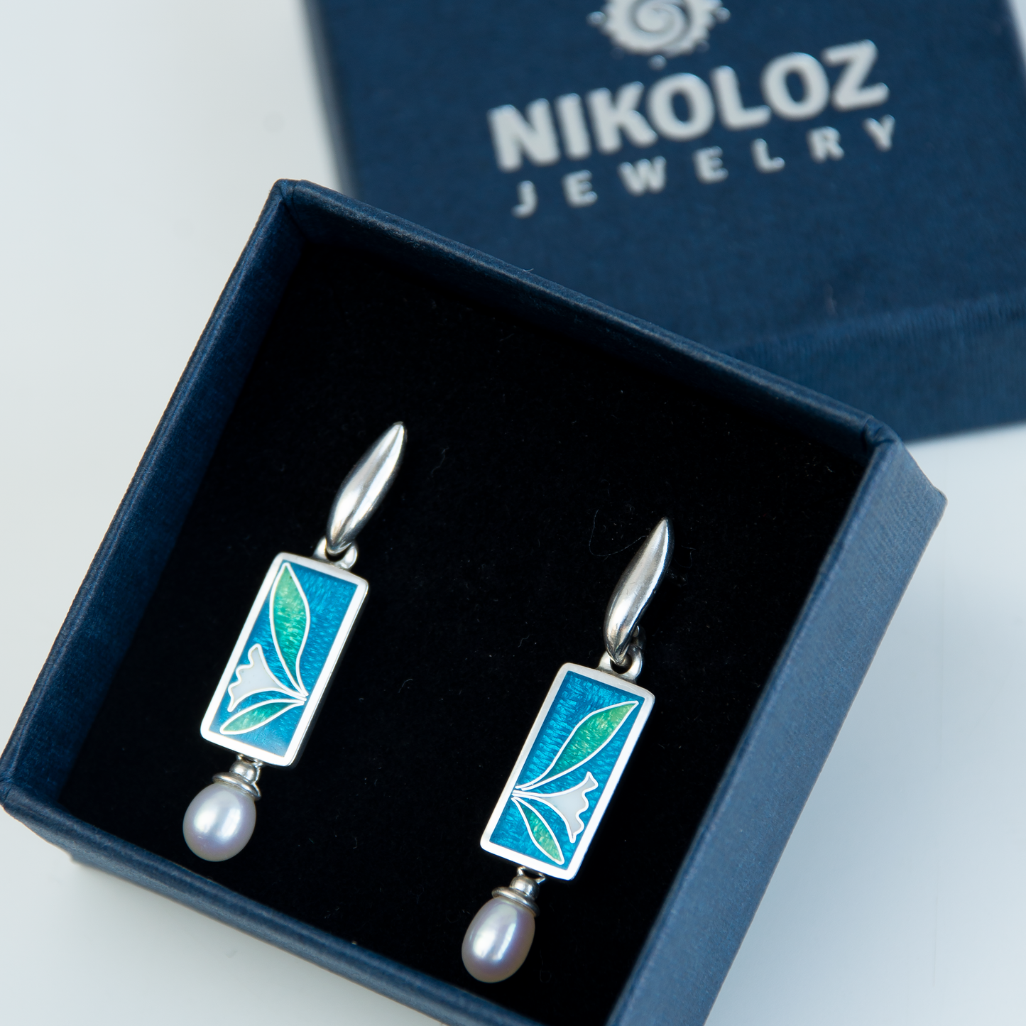 Blue Green Cloisonné Enamel Earrings With White Pearls