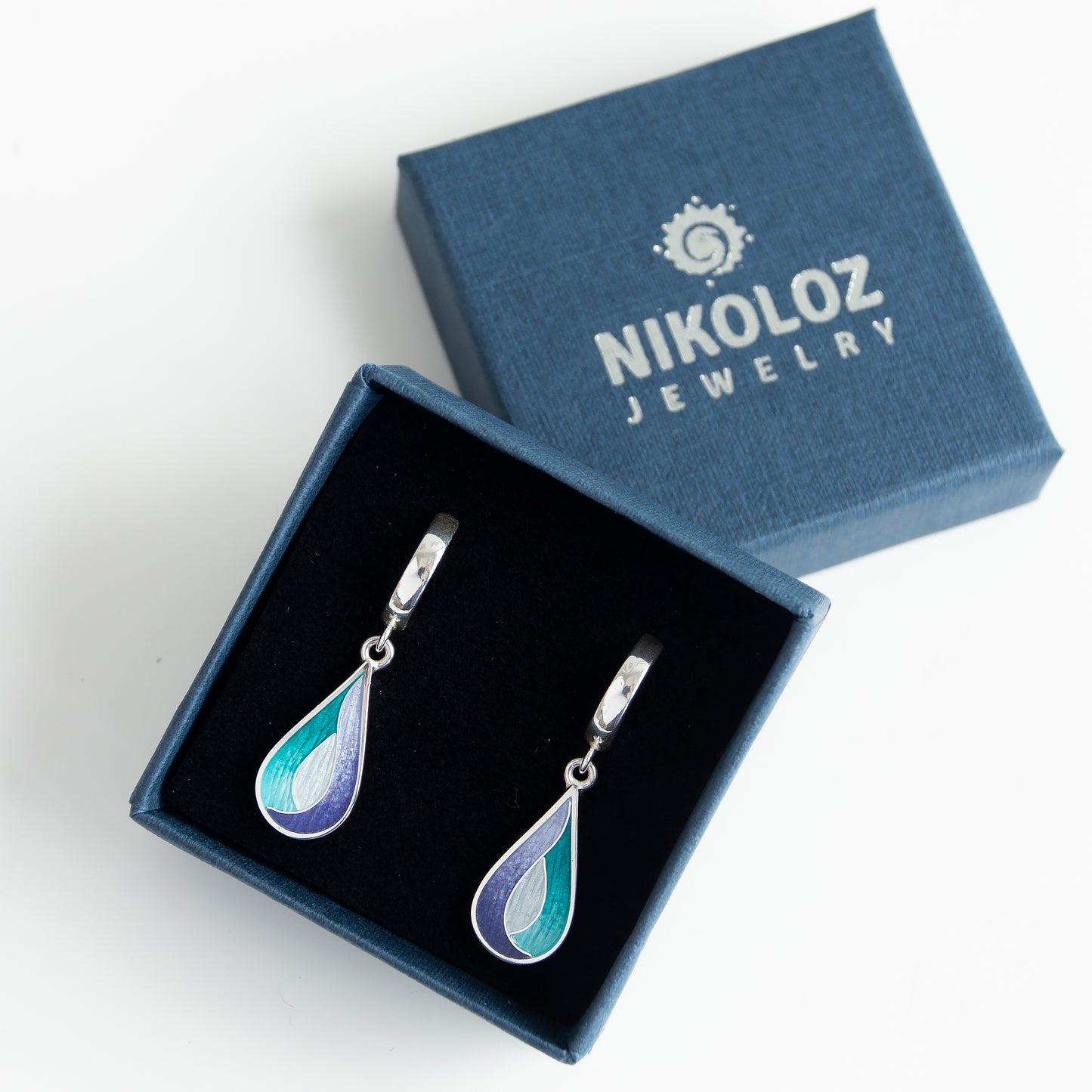 Purple Blue Teardrop Cloisonné Enamel Earrings