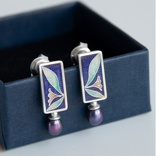 Rectangle Cloisonné Enamel Earrings With Peacock Pearls