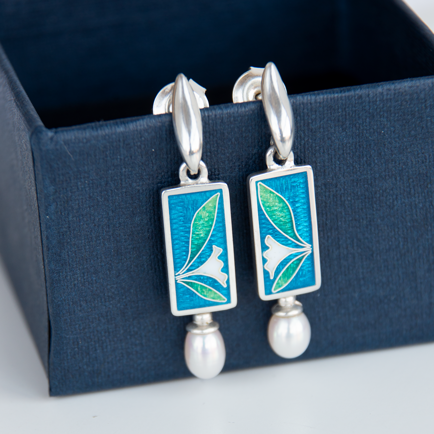 Blue Green Cloisonné Enamel Earrings With White Pearls