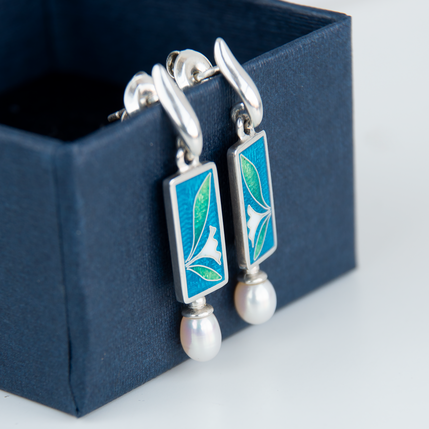 Blue Green Cloisonné Enamel Earrings With White Pearls