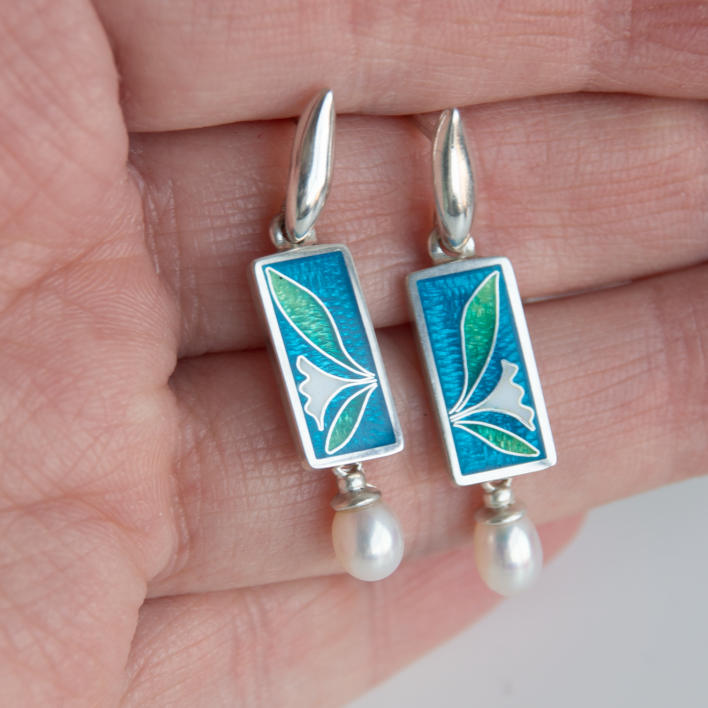 Blue Green Cloisonné Enamel Earrings With White Pearls