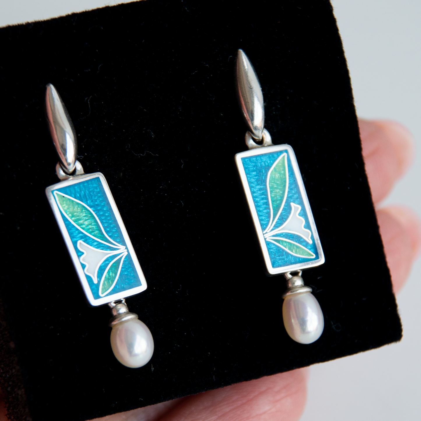 Blue Green Cloisonné Enamel Earrings With White Pearls