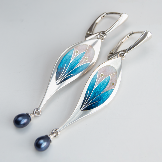 Long Drop Cloisonne Enamel Earrings With Peacock Pearls