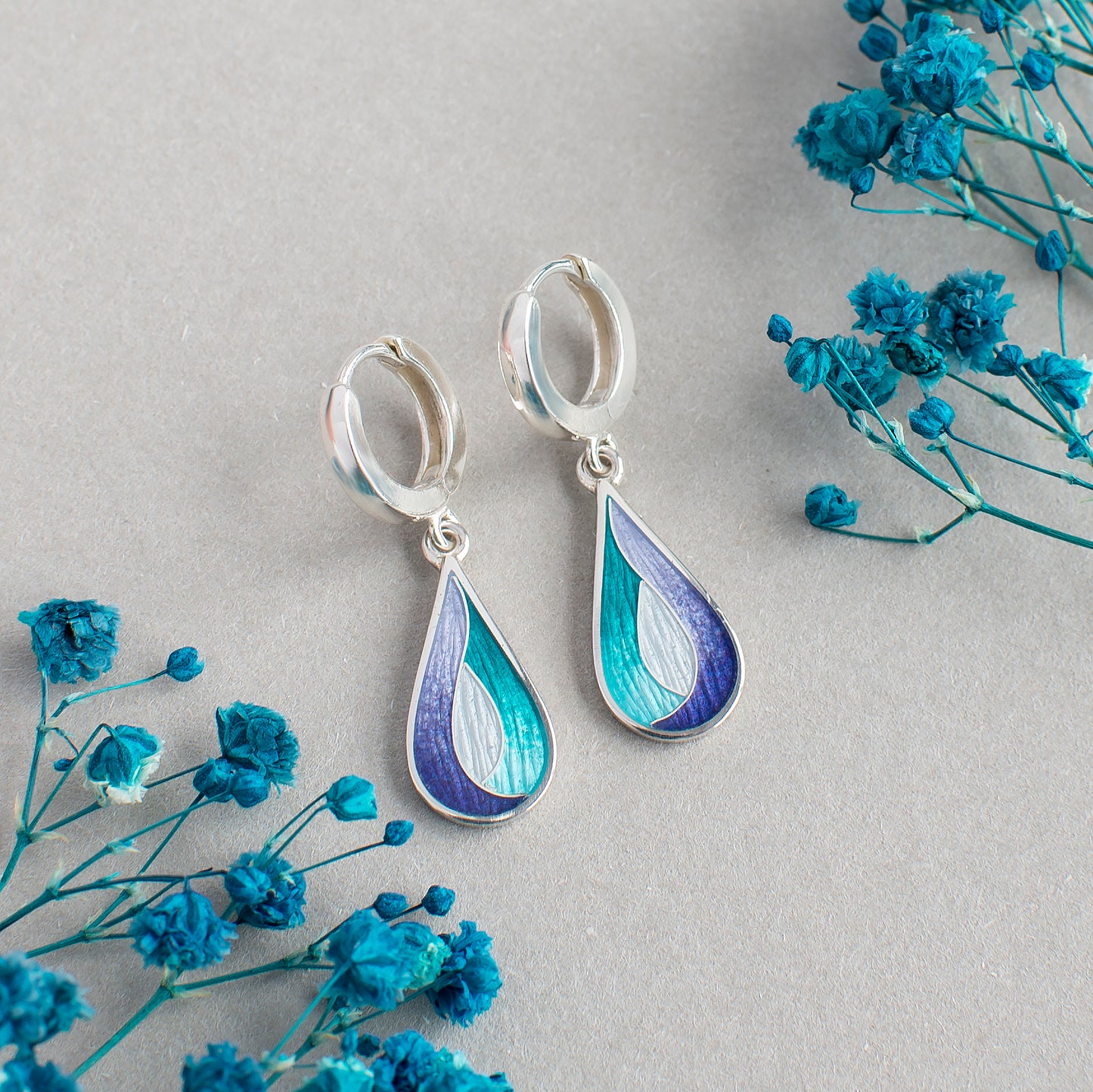 Purple Blue Teardrop Cloisonné Enamel Earrings