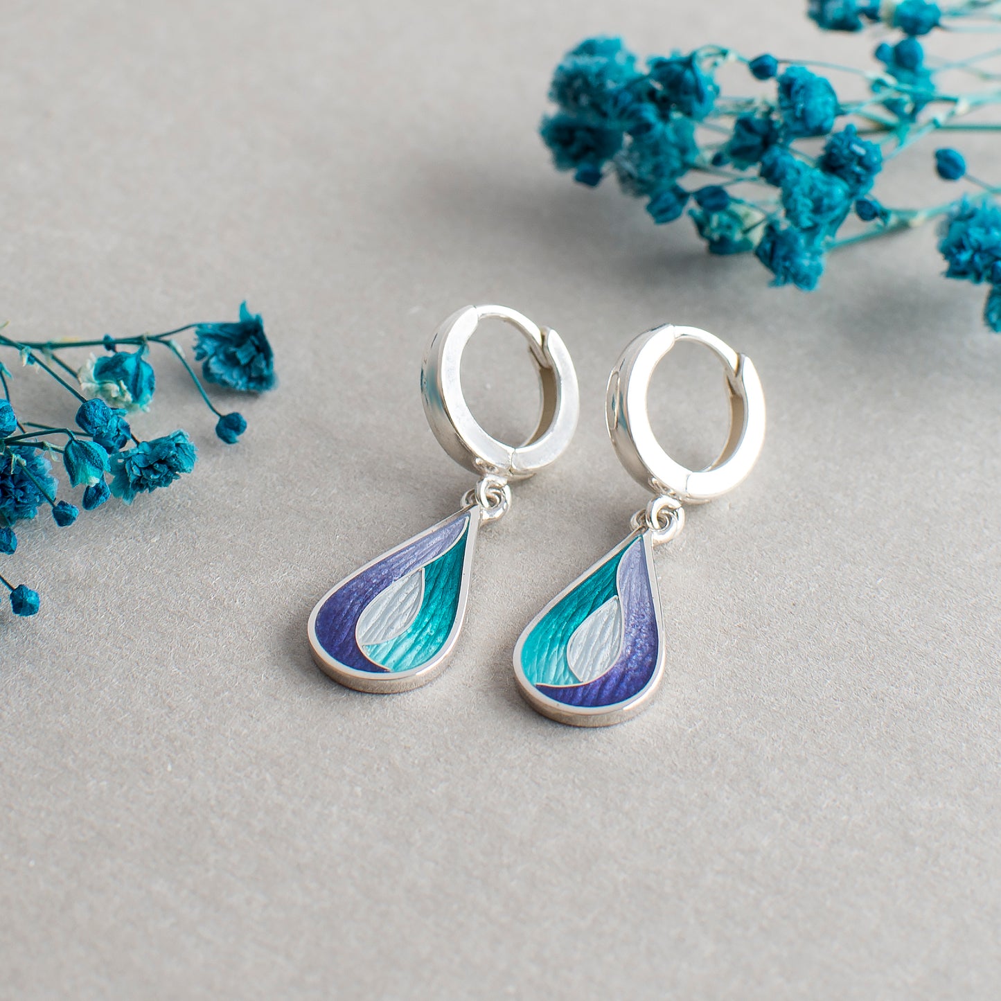 Purple Blue Teardrop Cloisonné Enamel Earrings