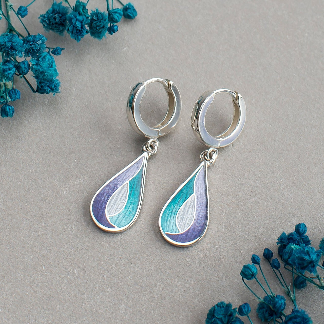 Purple Blue Teardrop Cloisonné Enamel Earrings