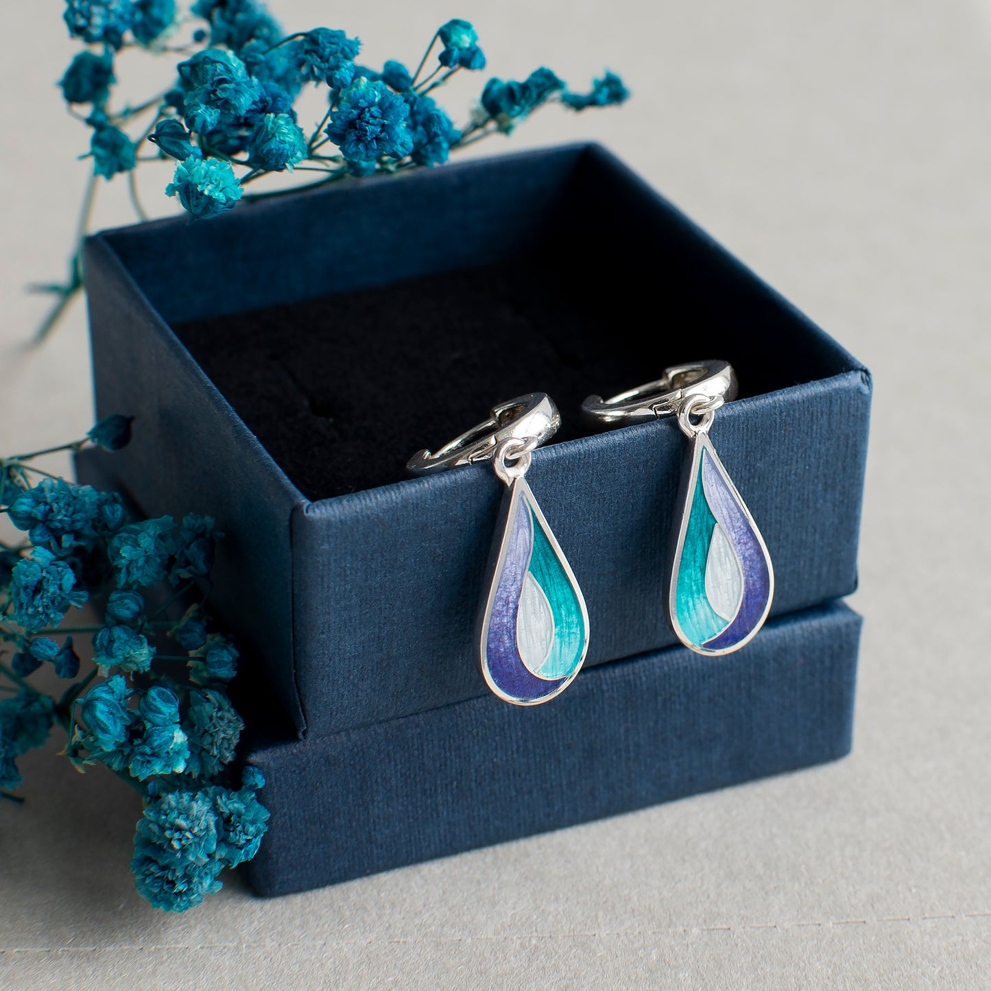 Purple Blue Teardrop Cloisonné Enamel Earrings