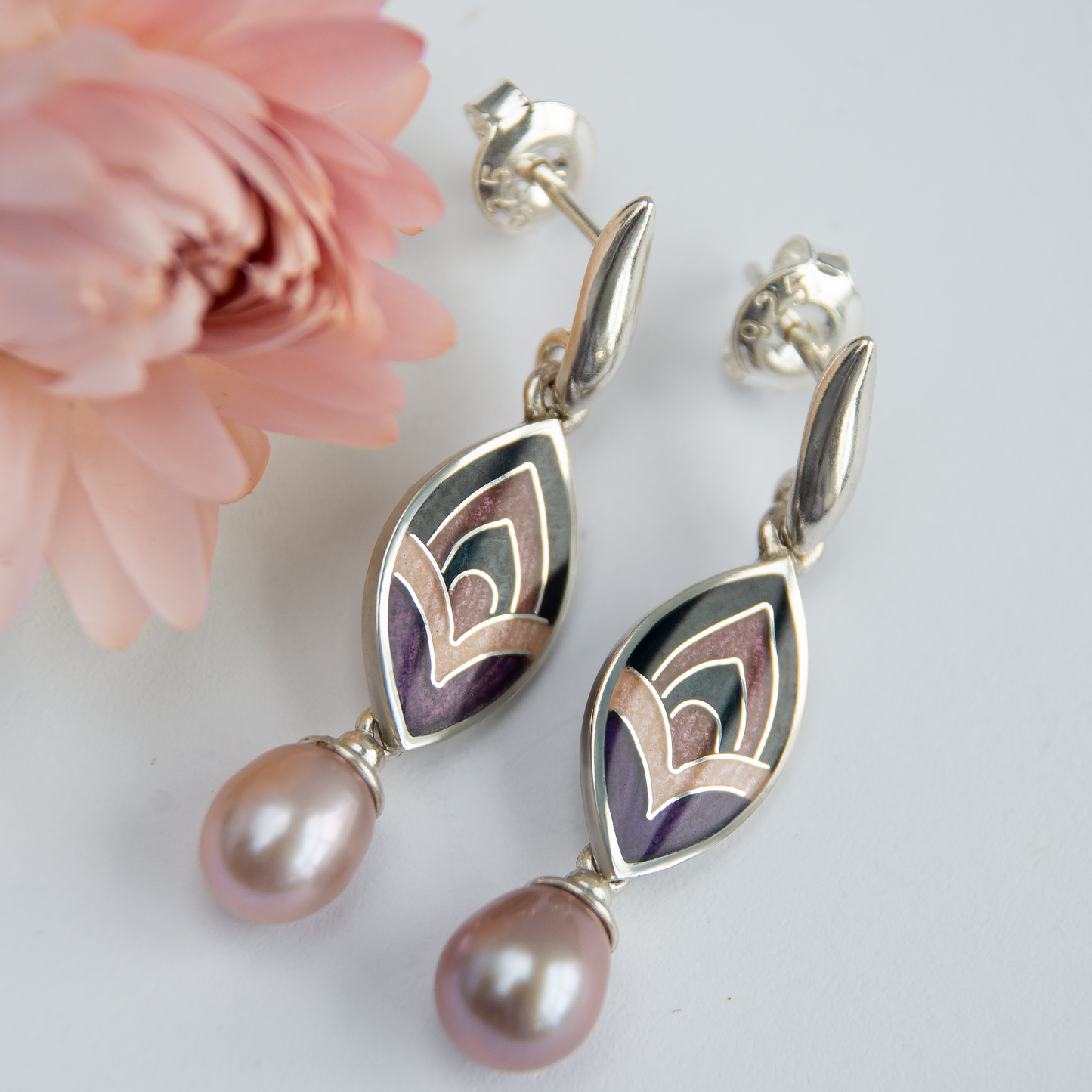 Marquise Shape Cloisonné Enamel Purple-Rose Earrings With Rose Pearls