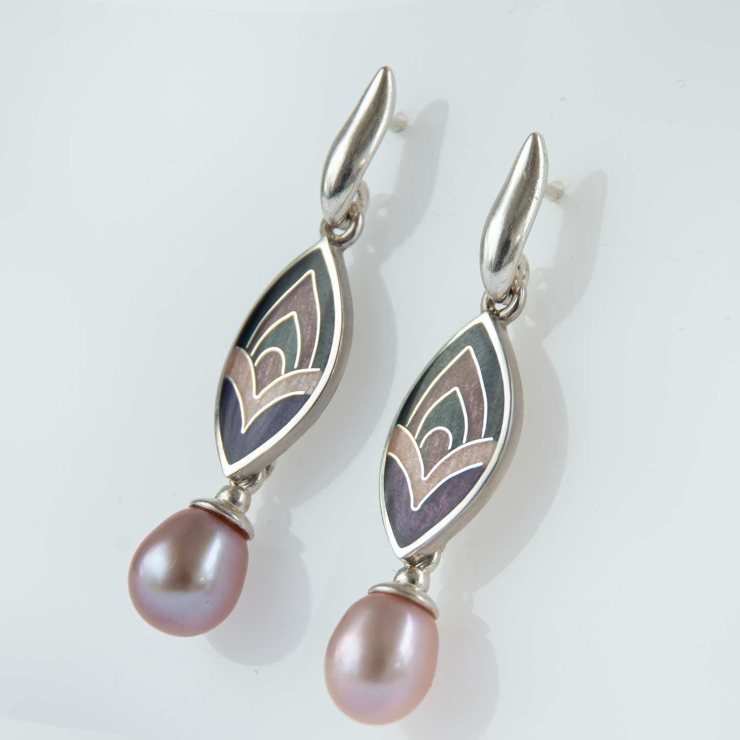 Marquise Shape Cloisonné Enamel Purple-Rose Earrings With Rose Pearls