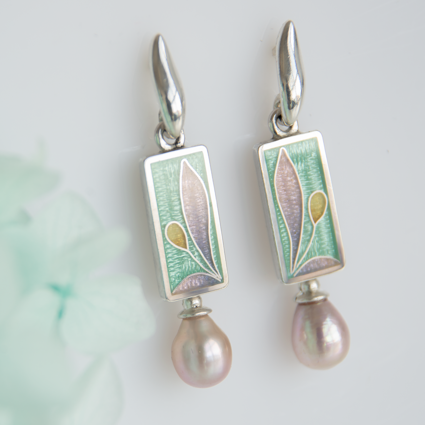 Cloisonne Enamel Earrings With Rose Pearls