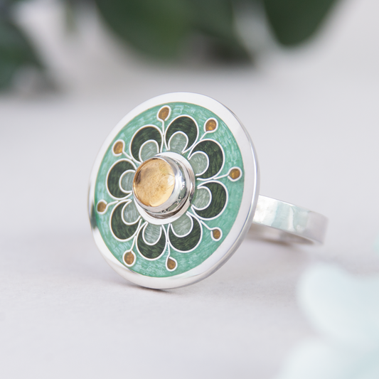 Citrine Quartz Stone, Silver, Cloisonné Enamel Ring