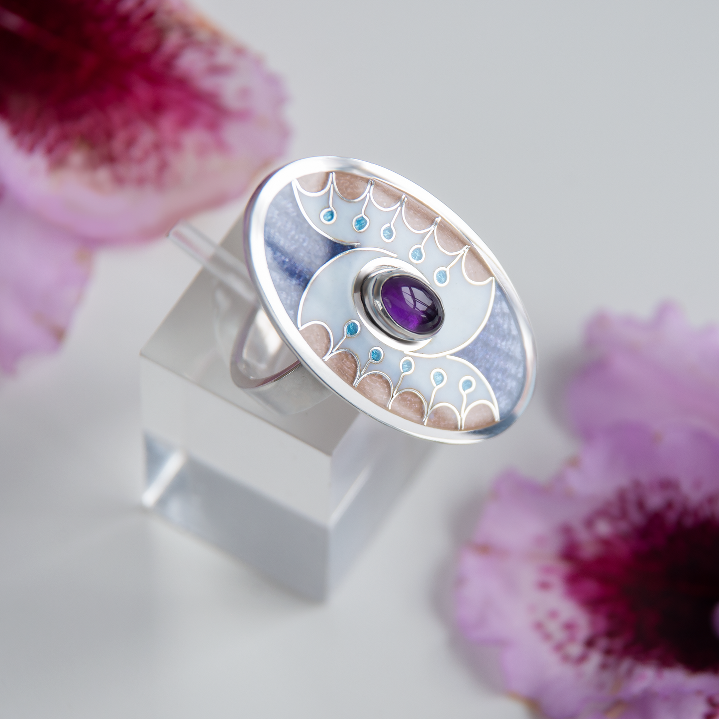 Oval Violet Rose Cloisonné Enamel Ring With Amethyst
