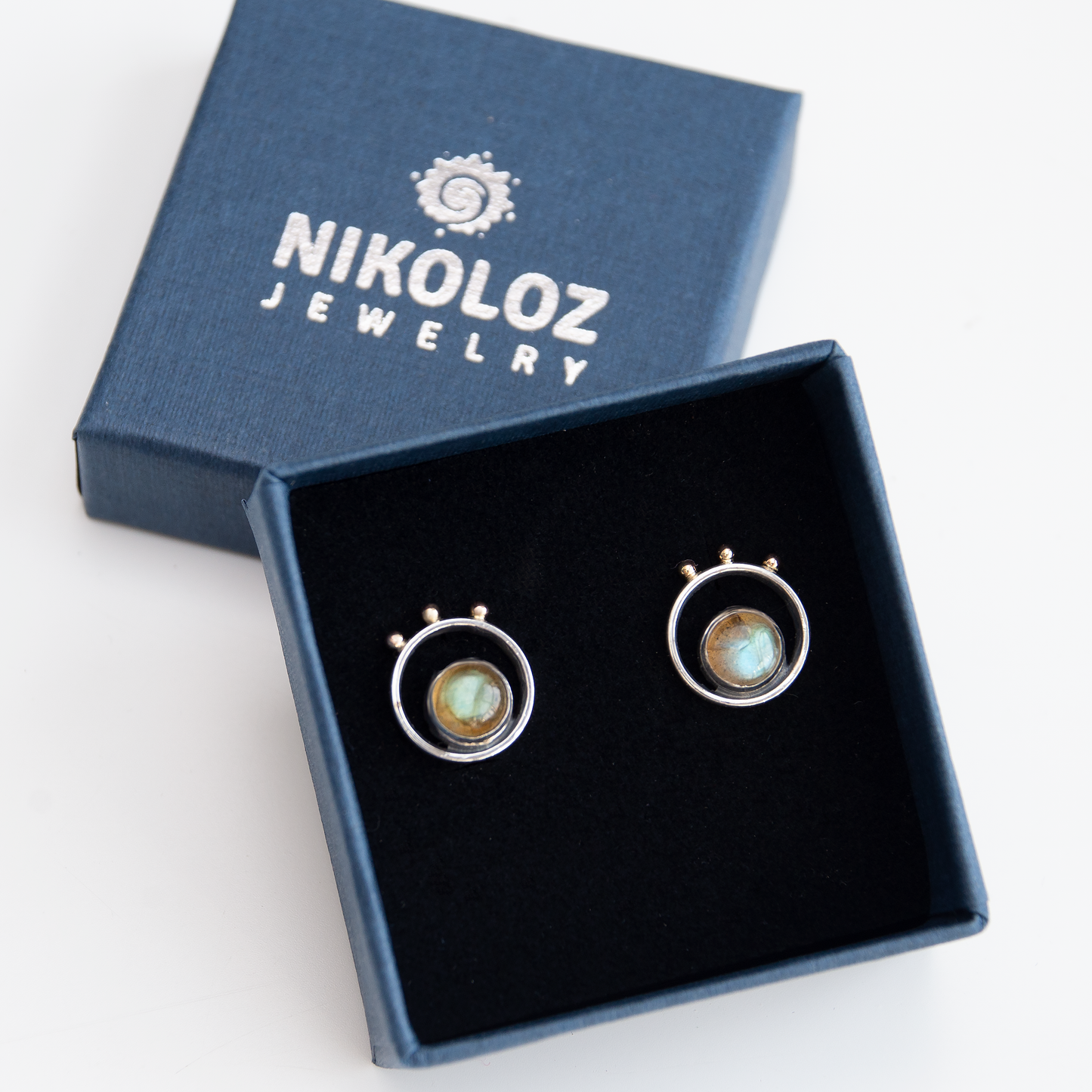 Labradorite Frame Earrings With Gold Beads