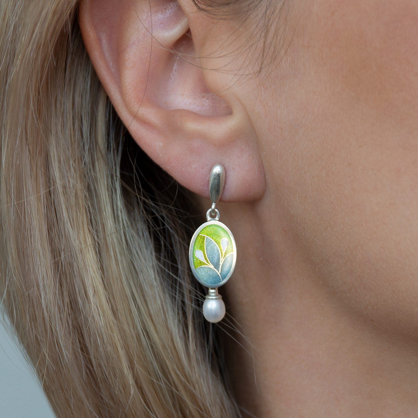Yellow Flower Oval Cloisonné Enamel Earrings with Natural Freshwater White Pearls