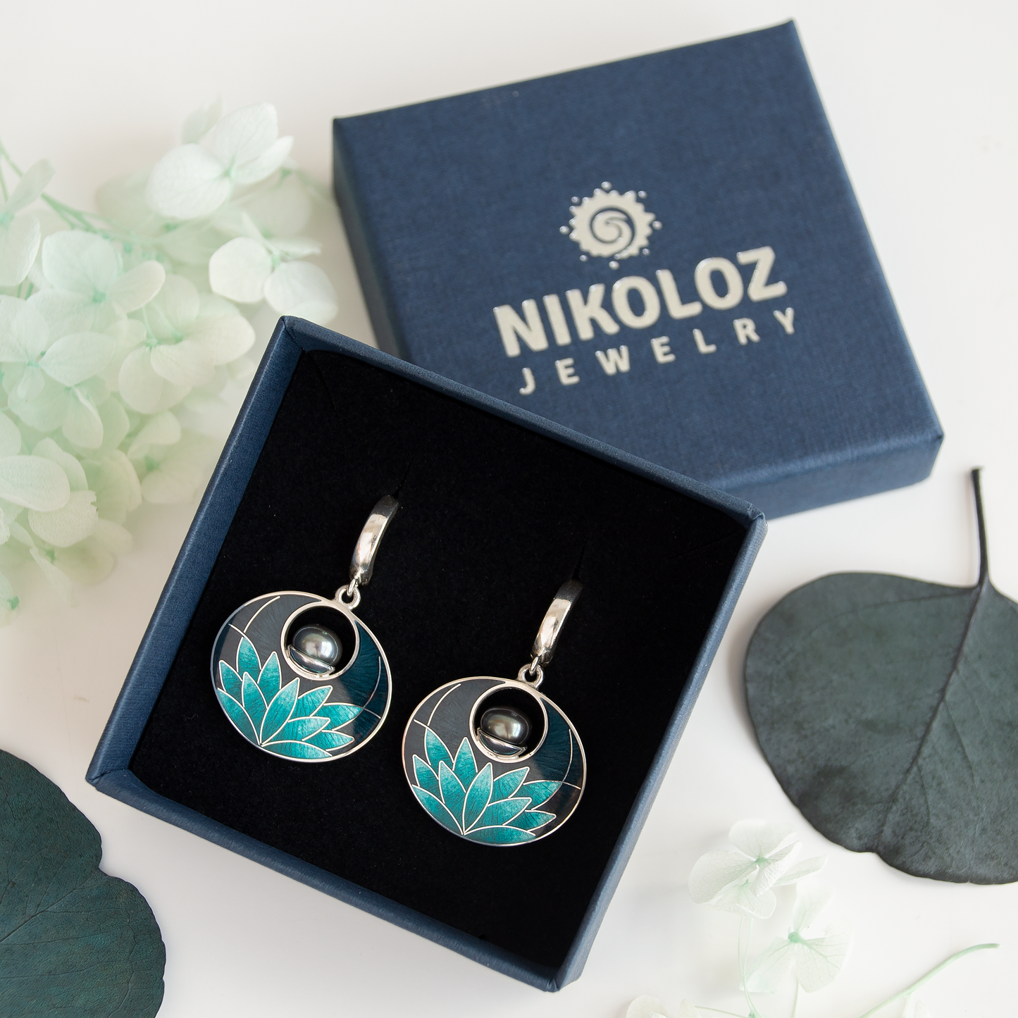 Cloisonné Enamel Black Turquoise Lily Earrings With Peacock Pearls