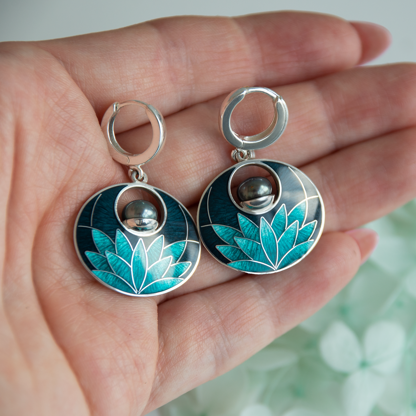 Cloisonné Enamel Black Turquoise Lily Earrings With Peacock Pearls