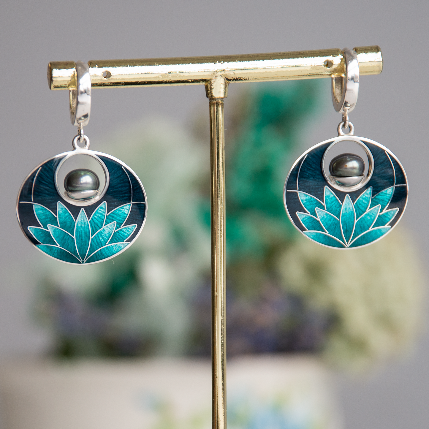 Cloisonné Enamel Black Turquoise Lily Earrings With Peacock Pearls