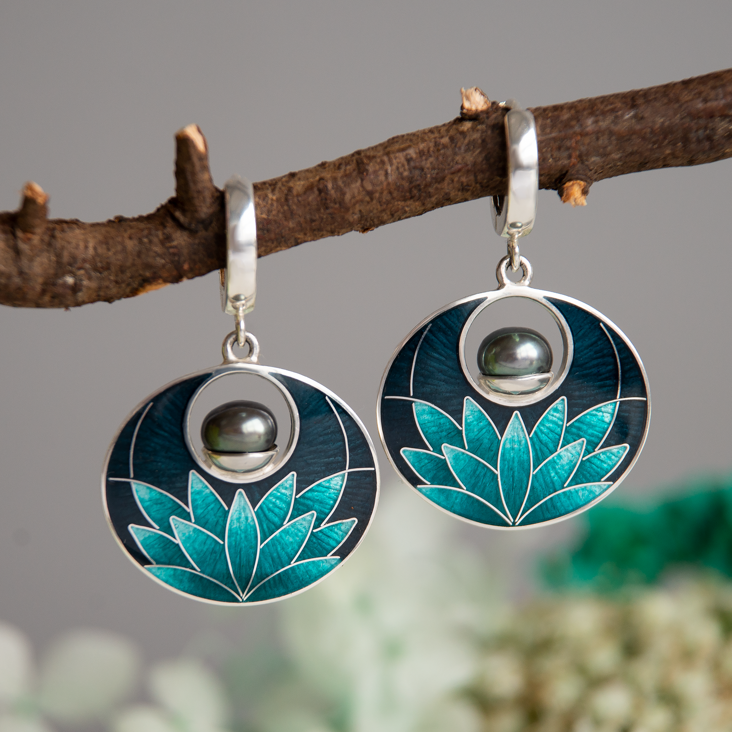 Cloisonné Enamel Black Turquoise Lily Earrings With Peacock Pearls