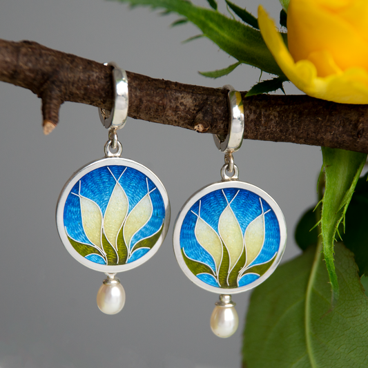 Pale Yellow Floral Earrings With White Pearls. Cloisonné Enamel Technique