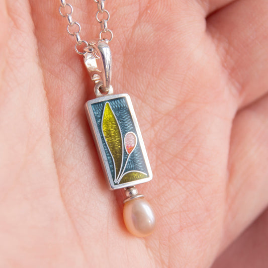 "Tulip" Rectangle Pendant, Cloisonne enamel Necklace With Rose Pearl