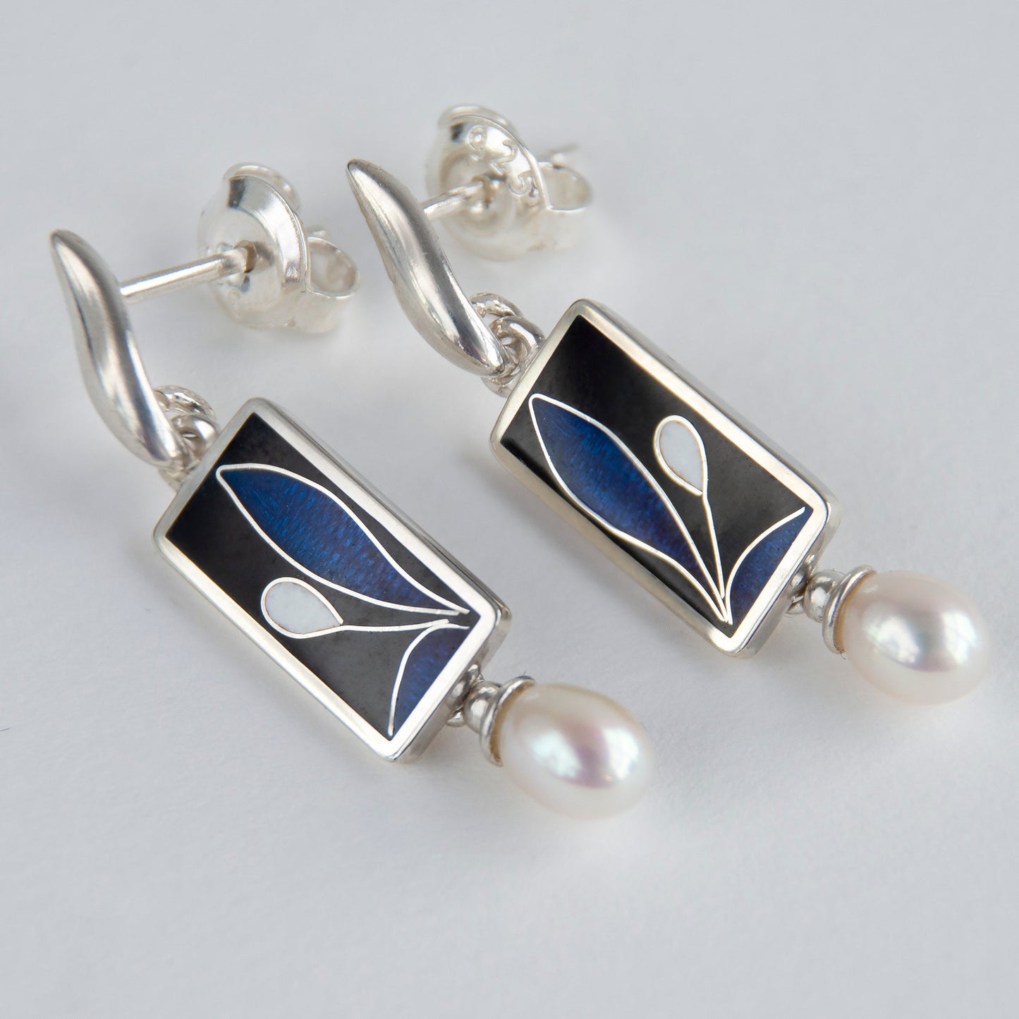 Dark Rectangle Cloisonné Enamel Earrings With White Pearls